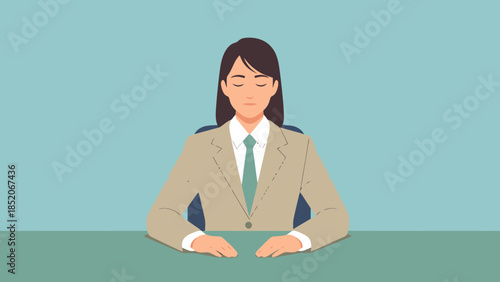 Businesswoman Meditating at Office Desk Relaxation Calmness and Focus Concept