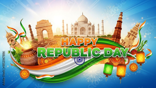 Vibrant Republic Day celebration in India with iconic landmarks