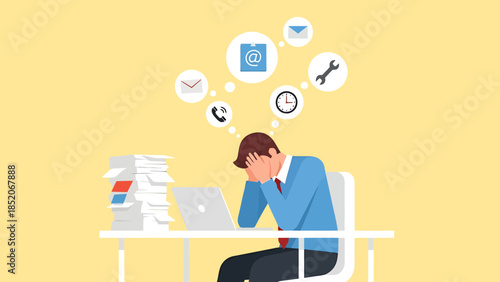 Overwhelmed Businessman Working Late at Desk with Pile of Documents and Communication Icons
