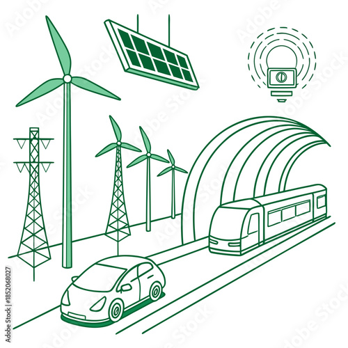 Green energy powered transportation system with wind turbines and solar panels