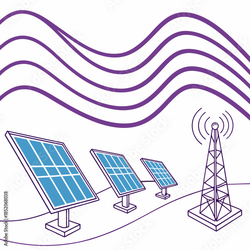 Solar panels connected to transmission tower with digital energy waves