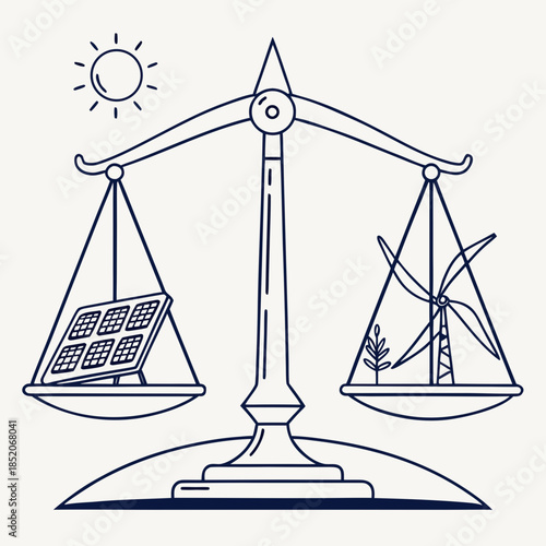 Solar panel and wind turbine on balanced scales under sun