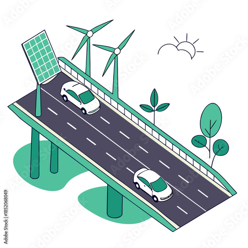 Elevated highway with electric cars and renewable energy sources