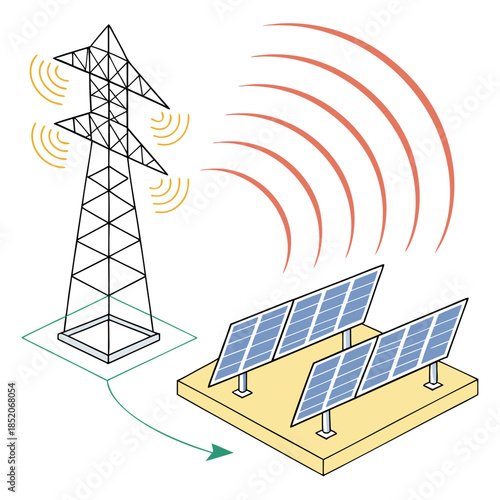 Solar panels transmitting energy to power line tower