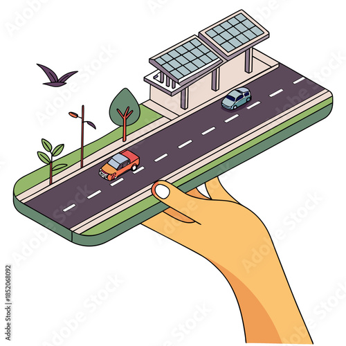 Hand holding miniature modern highway with solar panels and cars