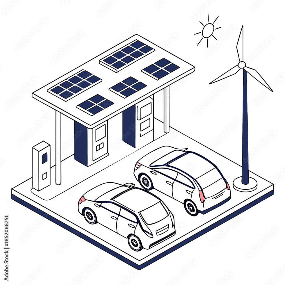 Fototapeta premium Solar powered electric vehicle charging station with wind turbine