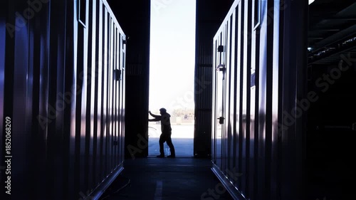 Worker Silhouette Opening Industrial Metal Doors, Dramatic Light Reveal