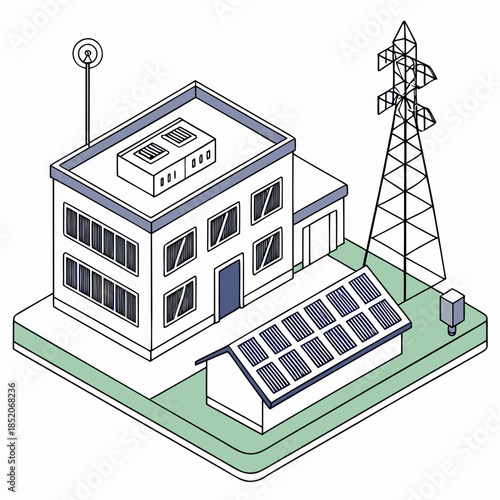 Isometric view of renewable energy hub with solar panels and smart building