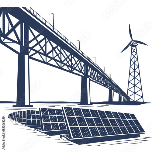 Bridge crossing over solar panels and wind turbine