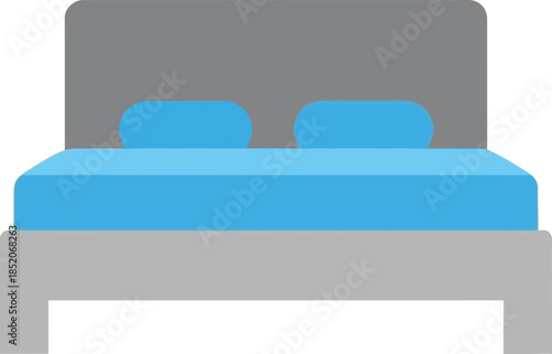 Flat design icon representing a comfortable double bed with blue bedding and grey frame