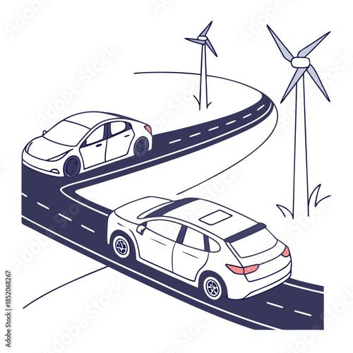 Electric cars on road powered by wind turbines electric vehicles