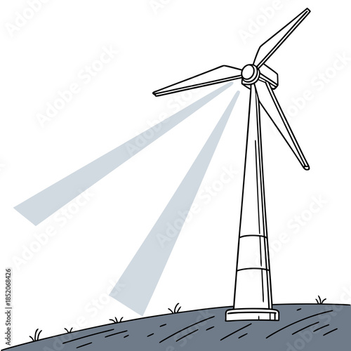 Wind turbine with three blades on a hill with spotlight beams