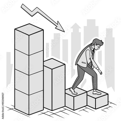 Business loss concept shown through descending businessman on cubes with downward arrow