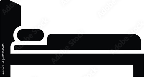 Simple black bed icon silhouette on a white background, symbolizing sleep or accommodation.