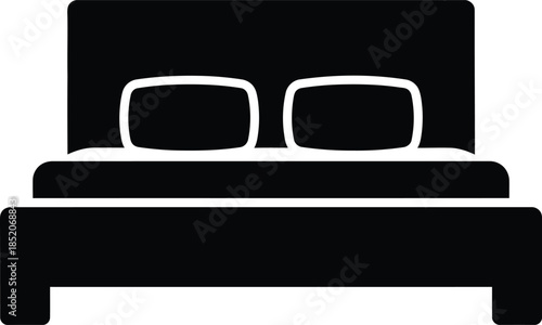 Black and white silhouette icon of a double bed with pillows for accommodation symbol