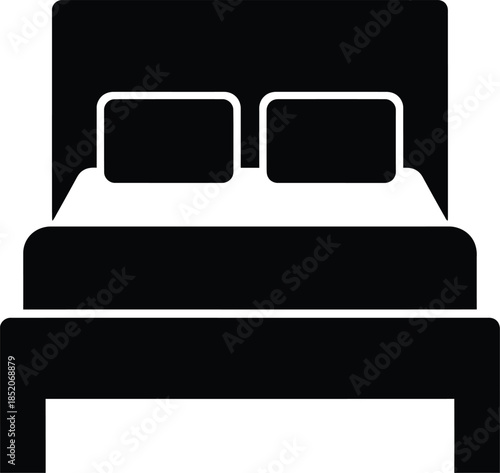 A simple black silhouette icon depicting a bed with a headboard and pillows