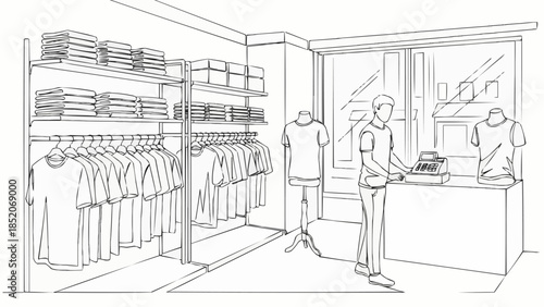 Mannequins and Clerk in a Clothing Store Display.