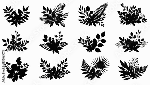 Collection of Black Silhouettes of Various Botanical Arrangements and Leafy Sprigs.