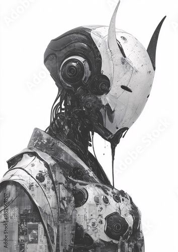 Gritty Sci-Fi Cyborg Head Illustration in Black and White