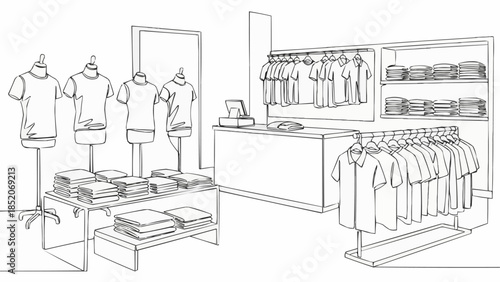 Clothing store interior with mannequins and racks of shirts.