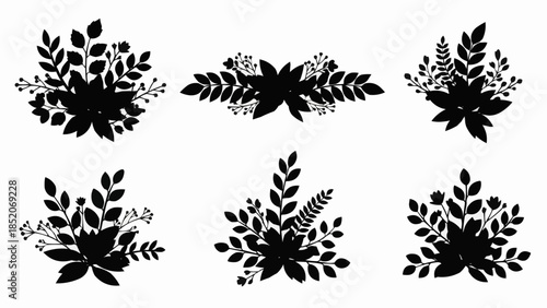 Set of six black floral and leaf silhouette arrangements for design.