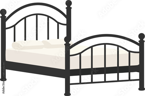 A black metal bed frame illustration with a white mattress on a white background
