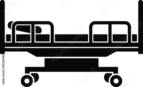 Black silhouette icon of a hospital bed with side rails and casters for healthcare concept