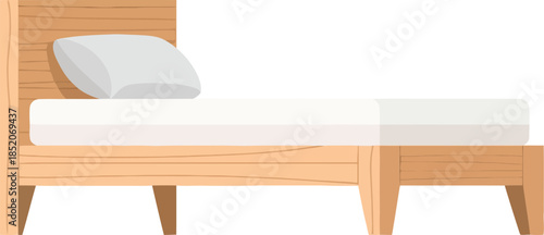 Simple single wooden bed frame with mattress and pillow isolated on white background