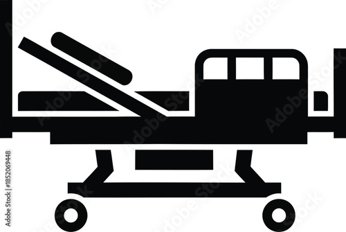 Minimalist black silhouette illustration of a mobile hospital bed icon for healthcare projects