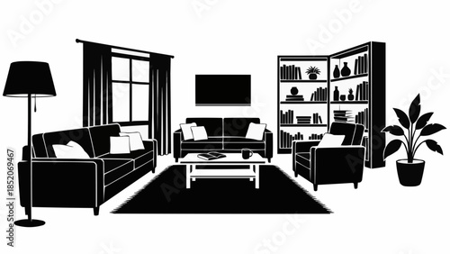 Modern Living Room Furniture Arrangement with Sofa and Bookshelf.