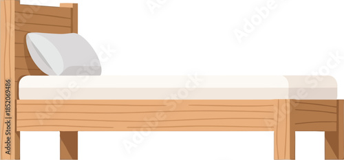 Simple wooden single bed with white mattress and pillow flat illustration isolated