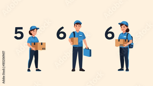 Three Delivery People Holding Packages with Numbers Above Them.
