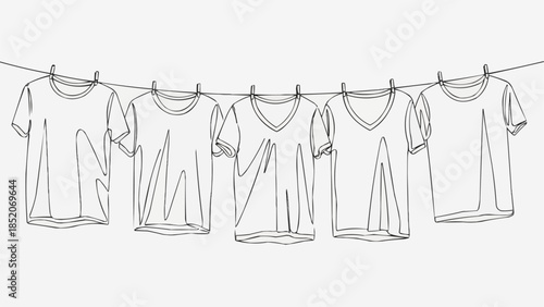 Five T-shirts Hanging on a Clothesline in a Row.