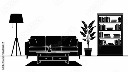 Living room interior with sofa and bookshelf illustration.