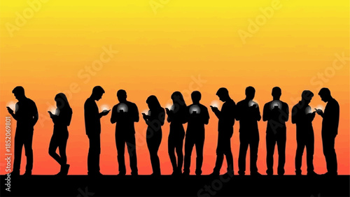 Group of people silhouetted against a sunset looking at their phones.