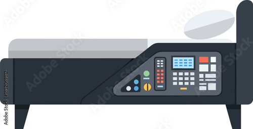 High-tech smart bed illustration with advanced digital control panel for medical or futuristic applications