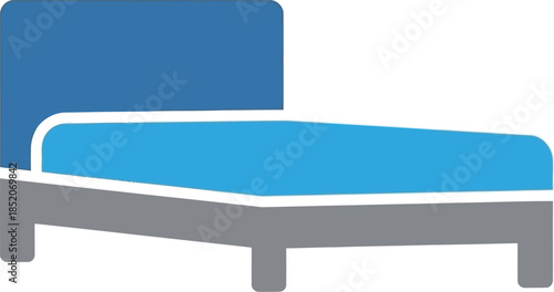 A simple flat icon illustration of a single bed with blue mattress and headboard