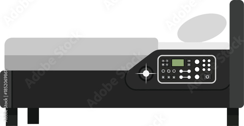 A high-tech smart bed illustration featuring an integrated control panel and futuristic design