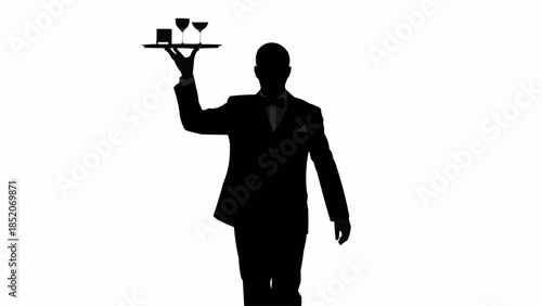 Silhouette of a waiter in a suit carrying a tray with drinks.