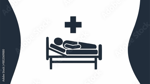 Patient Lying on Hospital Bed with Medical Cross Symbol.