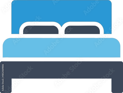 Simple flat design icon of a bed with headboard and pillows for accommodation or sleep