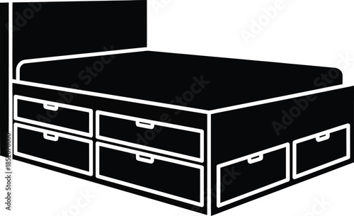 A black and white icon illustrating a bed frame with built-in storage drawers beneath the mattress area