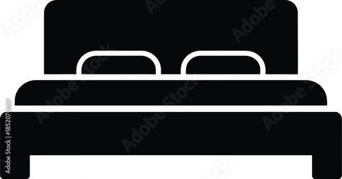 A simple black silhouette icon of a comfortable double bed with pillows