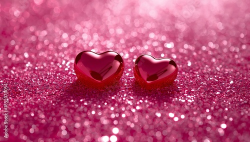 Two Pink Glitter Hearts Float on a Shiny Background During a Celebration of L...