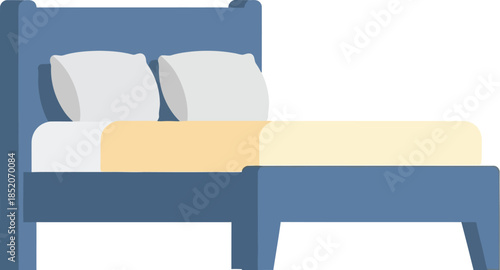 Minimalist blue bed illustration with light colored bedding and pillows on a white background