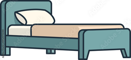 An illustration of a simple single bed with a mattress and pillow on a white background