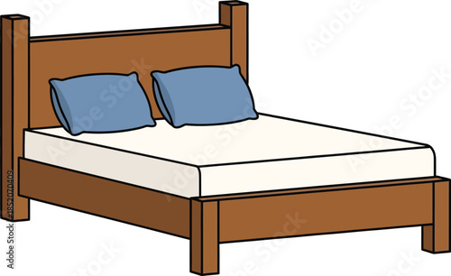 A brown wooden bed frame with a white mattress and blue pillows on a white background.