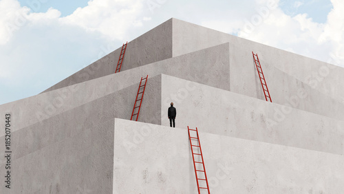 Man standing on minimalist tiered architectural platforms with red ladders, representing career growth, professional challenges, and the climb to success, 3D render