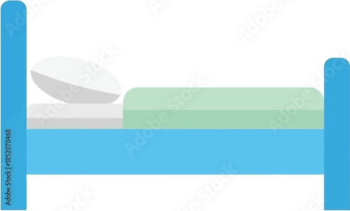 A simple blue bed illustration with light green blanket and white pillow on a white background