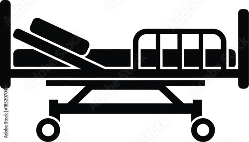 A black silhouette icon depicting a hospital bed with adjustable headrest and wheels